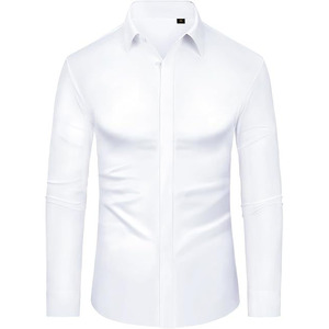 Camisa de Vestir Blanca Elástica para Hombre, Manga Larga, Corte Entallado, Cuello Clásico, Tejido, Formal, para Oficina - Product Image 1