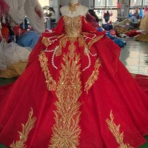 XS281 Elegant <b>Red</b> Sweetheart Neckline Embroidered <b>Sequined</b> Crystal Appliques Party Evening Ball Gown Dress Golden Lace Chapel - Product Image 1