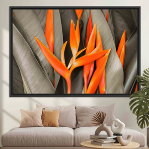 Arte en lienzo impreso con diseño de pájaro del paraíso naranja vibrante, diseño floral Art Deco, decoración de pared colgante con marco transparente - Product Image 3