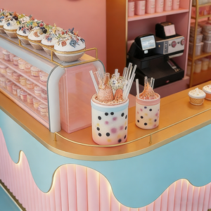 Chiosco Pop-Up per Bubble Tea e Dessert con Luci a LED a Forma di Cuore, <span class=keywords><strong>Arredamento</strong></span> Morbido, Sistema di Stoccaggio Rosa, Scaffalature e Vetrina Espositiva - Product Image 5