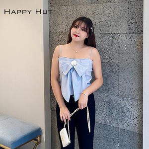 Happy Hut Camisole grande taille pour femme, haut plissé élastique avec nœud papillon, couleur unie, coton N7720 - Product Image 3