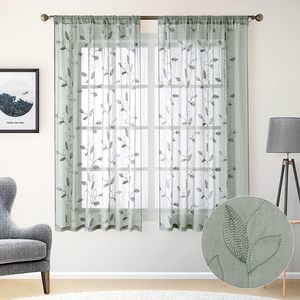 Cortinas transparentes con patrón de hojas bordadas, cortinas de ventana de gasa semitransparente Floral de lino falso con bolsillo/cortinas para dormitorio y sala de estar - Product Image 2
