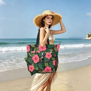 Bolsa de Playa de Verano con Estampado de Flores Hawaianas Personalizada para Mujer, Cierre de Cremallera, Forro de Poliéster, Bolsa de Viaje Portátil de Gran Capacidad - Product Image 1