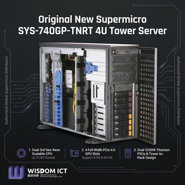 New Supermicros SYS-740GP-TNRT 4U Tower Server Dual Intel Xeon Scalable 4 GPU Support AI Deep Learning Training GPU Server