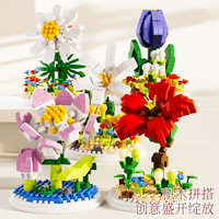 Mengga Micro Flower Building Bricks, Model Bunga DIY dengan Penutup Debu & Alas, Ornamen Meja Edukatif, Hadiah untuk Anak Perempuan Grosir