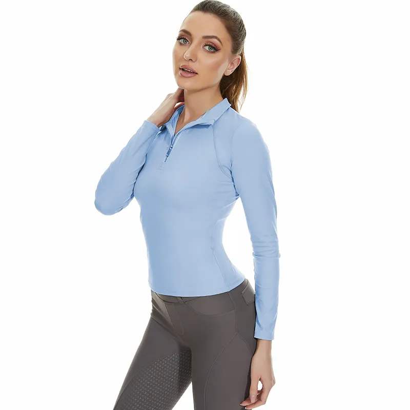 Fabriek Nieuwe Zomer Blauw Westerse Luxe Baselayer Paardensport Shirts Vrouwen Anti-Uv Rits Paardrijden Tops Paardensport Levert