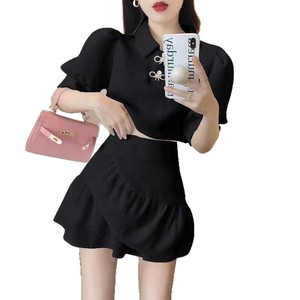 White Two Piece Set High Waist Polo Neck Ruffles A Line Skirt Casual Dress Women Daily Wear Solid Color Polyester - Product Image 5