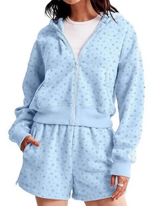 Felpa Casual Personalizzata con Zip, Orlo a Costine, Maniche Lunghe, Cardigan, Pantaloncini, Tuta Oversize per <span class=keywords><strong>Donna</strong></span> - Product Image 2