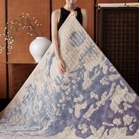 Tapis de salon moderne en peluche de haute qualité, extra épais, à motifs floraux orientaux, bleu, laine de Nouvelle-Zélande, soie de bambou, fait main