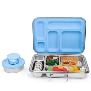 Aohea批发定制硅胶彩色304不锈钢饭盒5格不锈钢便当盒儿童午餐