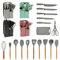 LOVFE Set d'ustensiles de cuisine en silicone de haute qualité de 19 pièces avec poignée en bois et planche à découper Seau de rangement Set de gadgets de cuisine
