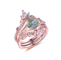 Ensemble de bagues en argent sterling 925 avec agate mousse taille cerf-volant, pierre naturelle verte, pour empilage