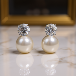 Orecchini in Oro Bianco con Diamanti e Perle, Taglio Brillante Rotondo, Colore D, Gioielli Classici da Sposa per Donne - Product Image 2