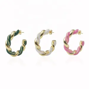 Lucky factory latest design gold plated jewelry classical customize enamel thick twisted hoop earrings supplier