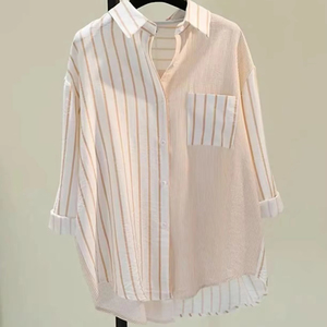 Chemise en lin et coton décontractée pour femmes, nouvel article d'automne, poche unique, couleur bloquée, rayures verticales, vintage, couleur unie, vente en gros en boutique - Product Image 4