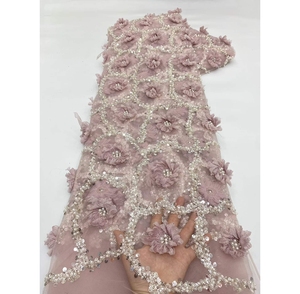 7971 Wholesale 5 Yards Nigerian French Lace Fabric Eco-Friendly <strong>Sequined</strong> Rhinestone <strong>Material</strong> for Women Dresses - Product Image 3