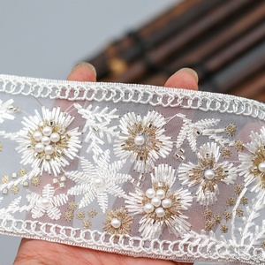 Tela de malla bordada con cuentas de organza y encaje de perlas de 6.5CM para accesorios de dobladillo de vestidos infantiles y ribetes de encaje para vestidos de novia DIY - Product Image 2