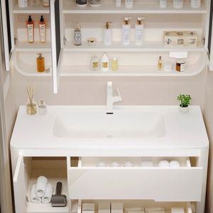 Modern Cream Hotel Vanity Combo Porcelain Basin Lacquer Plywood Bathroom Vanity with Sink and Cabinet - Product Image 4