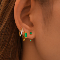 Terlaris trendi 18K berlapis emas perak murni wanita hadiah harian perhiasan hijau Hoop Stud anting Set