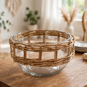 Portavelas Redondo de Mimbre y Ratán Hecho a Mano, Resistente, Color Beige, para Decoración de Mesa en Bodas y Hogar - Product Image 1