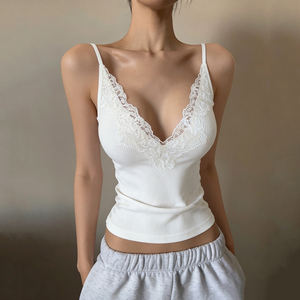 French Style Knitted <b>Lace</b> Trim Deep V Neck Slim Fit Short Solid Color Camisole <b>Tank</b> <b>Top</b> for Women Spring Summer Base Layer - Product Image 1