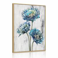 Tableau mural encadré or, motif floral bleu impasto, impression sur toile pivoine cyan marine, peinture à l'huile abstraite trois fleurs, décor texturé de luxe