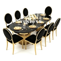 Muebles de Exterior Modernos de Lujo para Fiestas y Eventos, Mesa de Comedor con Tapa de Vidrio y 8 Sillas, Juego de Mesa Ovalada de Acero Inoxidable Dorado