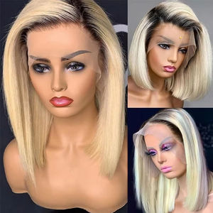 Perruques courtes bob 1B/613, perruques en <span class=keywords><strong>cheveux</strong></span> humains avec dentelle transparente 4x4, ombré <span class=keywords><strong>blond</strong></span> avec racines brun foncé, perruques bob frontales 4/613 - Product Image 2