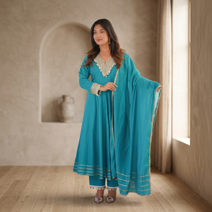TENNECY New Gown Pair with Embroidered Patch Work Neck and Lace <b>Ankle</b>-Length Party Style ROMAN Material - Product Image 1