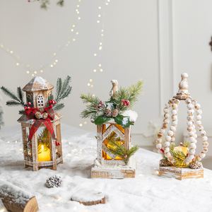 Wooden <b>Christmas</b> <b>Lantern</b> Set with LED Light, Distressed White Farmhouse <b>Lanterns</b> with Snow Effect for Mantel Tabletop Decor - Product Image 1