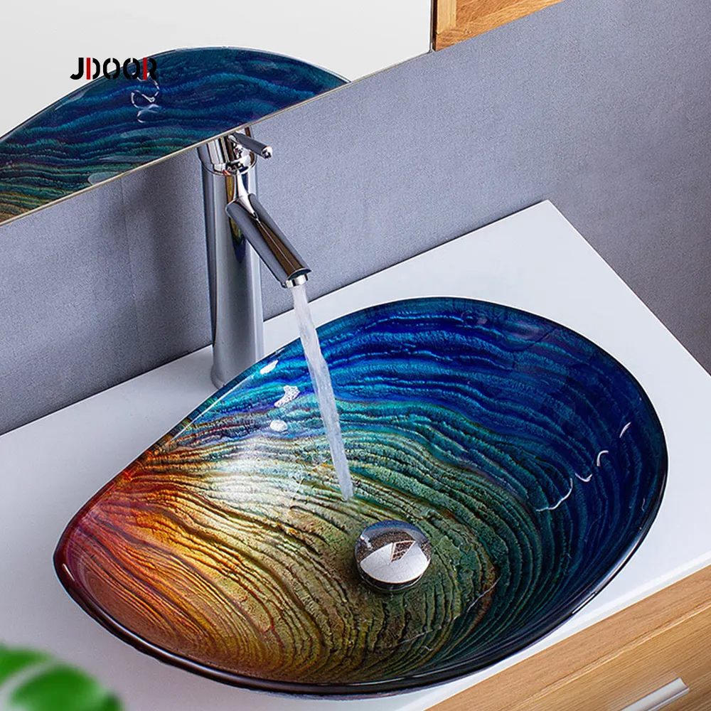 JDOOR Art อ่างล้างมือ,สำหรับโต๊ะเครื่องแป้งอ่างล้างหน้าอ่างน้ำทำจากกระจกสำหรับห้องน้ำ