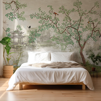 Papier peint non tissé mural Paysage Lacustre et Arbres, Taille personnalisée, Décoration murale élégante style Chinoiserie pour Salon, Chambre, Hall d'hôtel
