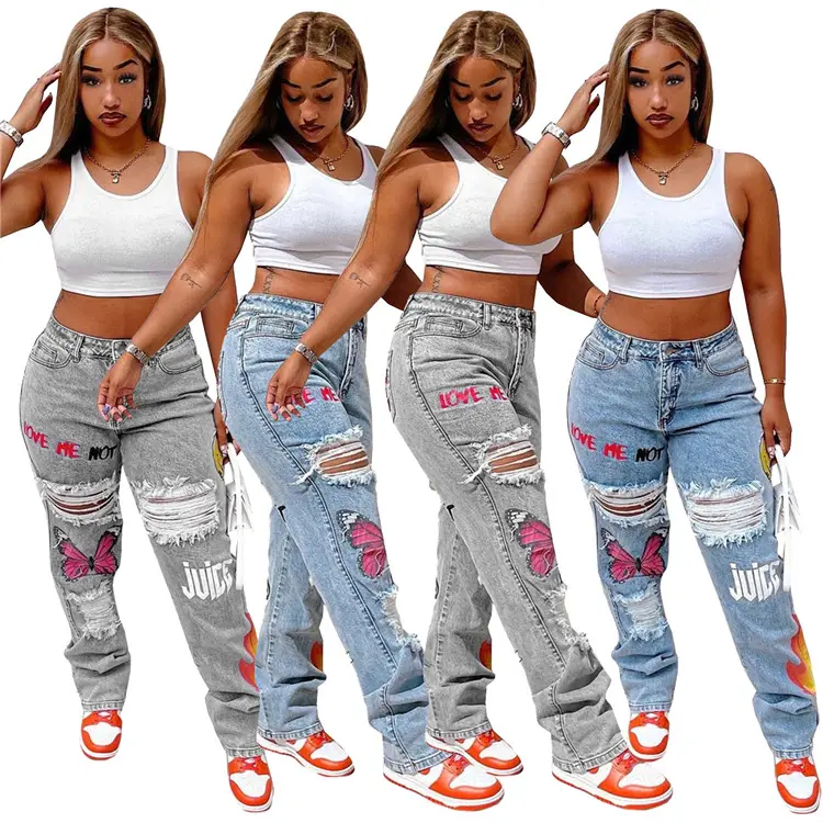2022 New Casual Ladies Denim Pants Print High Waist Plus Size Summer Women Ripped Jeans