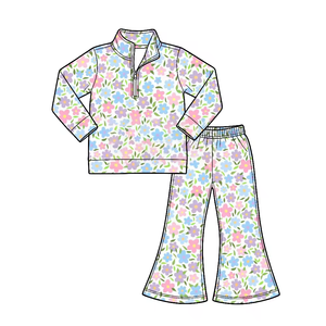 Customize Baby Kids Girls Floral Print Sets Long Sleeve Half Zipper Top Flared Pants Spring Autumn 2pcs Outfits - Product Image 2