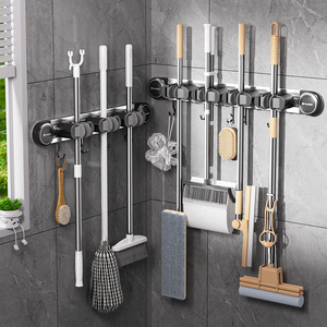 <b>Wall</b> Mounted <b>Mop</b> Holder Rack Chrome Finish Punch Free Storage For Bathroom Toilet Cleaning Tools Organizer - Product Image 1
