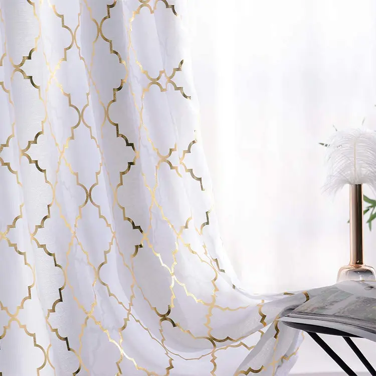 Sunny Textile Gold And White Tulle Curtains Long Plaid Gold Foil Window Screen Moroccan Tile Plaid Curtains
