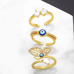 Оптовая продажа, изящные 18k Позолоченные ювелирные изделия с фианитом, составные ледяные турецкие открытые кольца с зеленым глазом, роскошные женские синие кольца от сглаза