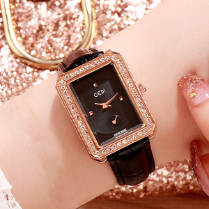 Nouvelle montre carrée pour femme avec bracelet en cuir incrusté de diamants, étanche, élégante et décontractée - Product Image 5