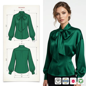 Camicetta <span class=keywords><strong>Verde</strong></span> <span class=keywords><strong>Smeraldo</strong></span> Personalizzata in Acetato con Fiocco, Vita Stretta, Maniche a Lanterna, Versatile, da Donna - Product Image 1