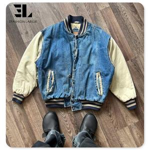 Larsur Tùy Chỉnh Cổ Điển Đau Đớn Máy Bay Ném Bom <span class=keywords><strong>Jean</strong></span> Denim Varsity Áo Khoác Chenille Đính Thêu Vá Bóng Chày Letterman Áo Khoác - Product Image 1