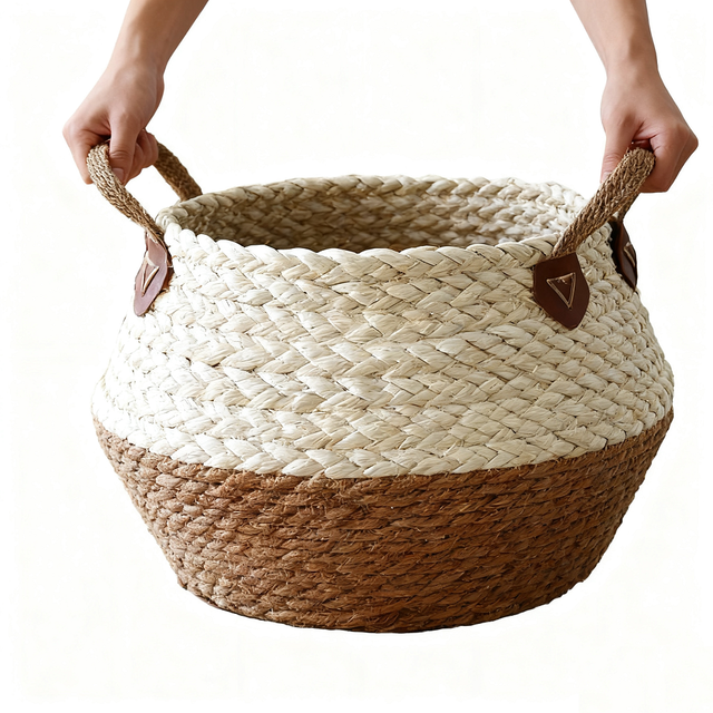 Wholesale Eco-Friendly Natural Seagrass Belly Basket Water Hyacinth Seaweed Handles Factory Direct Storage Basket for Home Use