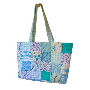 Quilted Cotton Tote <b>Bag</b> Floral <b>Patchwork</b> Design Two Shoulder Straps Open Canvas Large Capacity Casual Style Women Daily Use - Product Image 1
