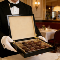 Boîte à chocolat personnalisée en bois brillant avec couvercle imprimé UV, doublure en velours, plateau intérieur en plastique et charnière métallique pour l'emballage de friandises du Ramadan et de l'Aïd