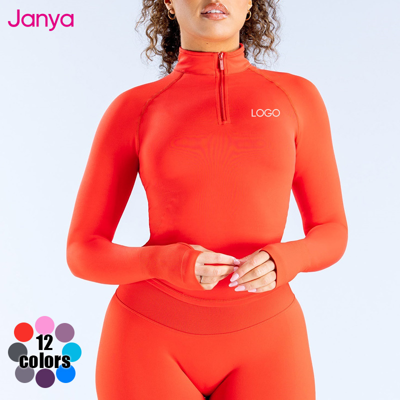 Janya New Soft Workout Wear Half Zipper Gym Fitness Shirt Long Sleeve Breathable Workout Tops Seamless Yoga Top for Women