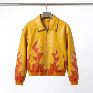 Blouson Bomber en Cuir pour Homme Dumela, Imprimé Flamme, Style Moto, Col Rabattu, Fermeture Éclair, Coupe Classique Automne - Product Image 1