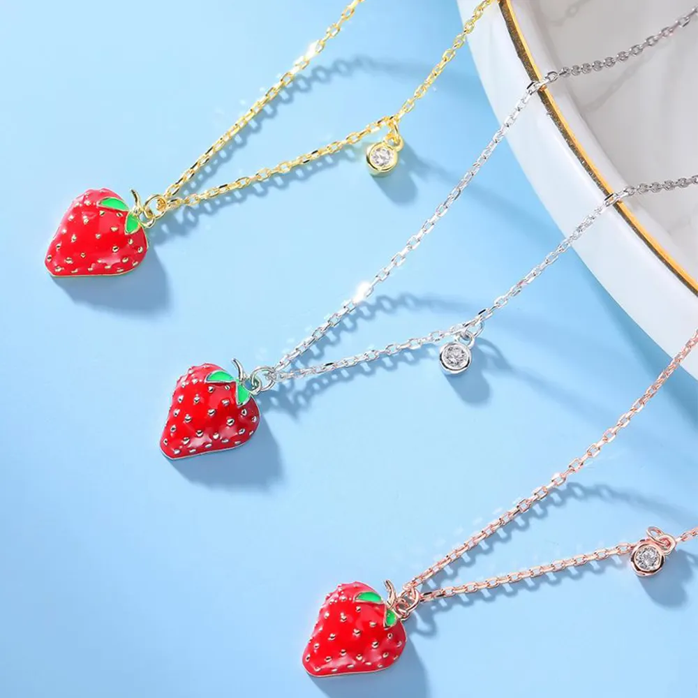 Argento Jewelry Little Fruits Chain Enamel Strawberry Fruit Necklace Collar 925 Sterling Silver for Women Lady Trendy Zircon GTC
