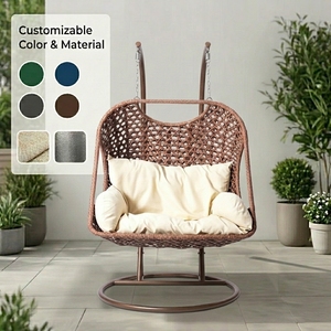 Balançoire de véranda pour 2 personnes, chaise suspendue <span class=keywords><strong>double</strong></span> en rotin tressé d'extérieur avec coussin épais pour patio, jardin, cour arrière, terrasse - Product Image 1