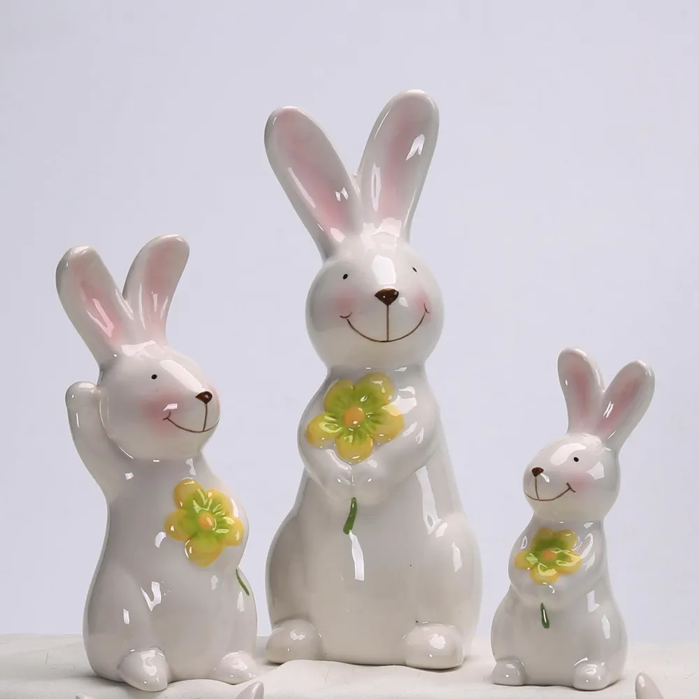 تماثيل الأرنب والأرنبة المصنوعة يدوياً هدايا عيد الفصح ديكور المنزل سيراميك حيوانات عائلية