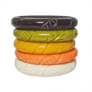 Meilleurs Bracelets Joncs Sculptés en Résine Acrylique Jaune pour Femmes, Motif Végétal Classique Tendance, Ensemble de Bijoux à la Mode - Product Image 5