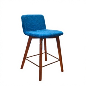 Modern Blue Rattan Bar <b>Stool</b> with Fixed Armrest <b>Wooden</b> Legs and Metal Base for Home Bar Use - Product Image 1